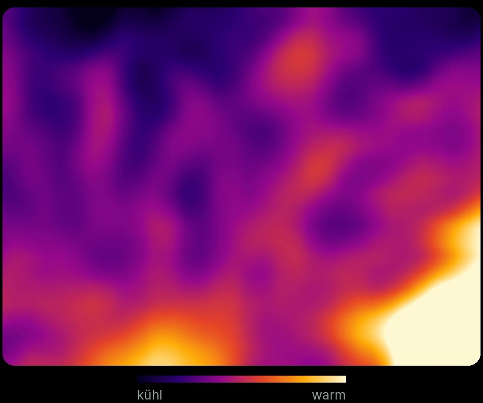 Wärmebild von Pflanzenblättern: violett = kühl, gelb = warm